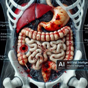 Imagem de uma tomografia computadorizada de lesões abdominais traumáticas, aprimorada por análise de inteligência artificial. A imagem exibe lesões visíveis, como sangramentos internos, lacerações de órgãos e fraturas, com anotações geradas por IA destacando áreas críticas de preocupação.