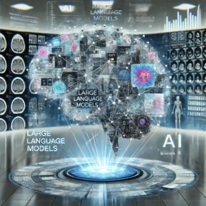 Um cérebro digital composto por estruturas de redes neurais simboliza a IA na radiologia, cercado por imagens radiológicas e textos se transformando em formatos legíveis, ilustrando a tradução de relatórios radiológicos em texto livre.