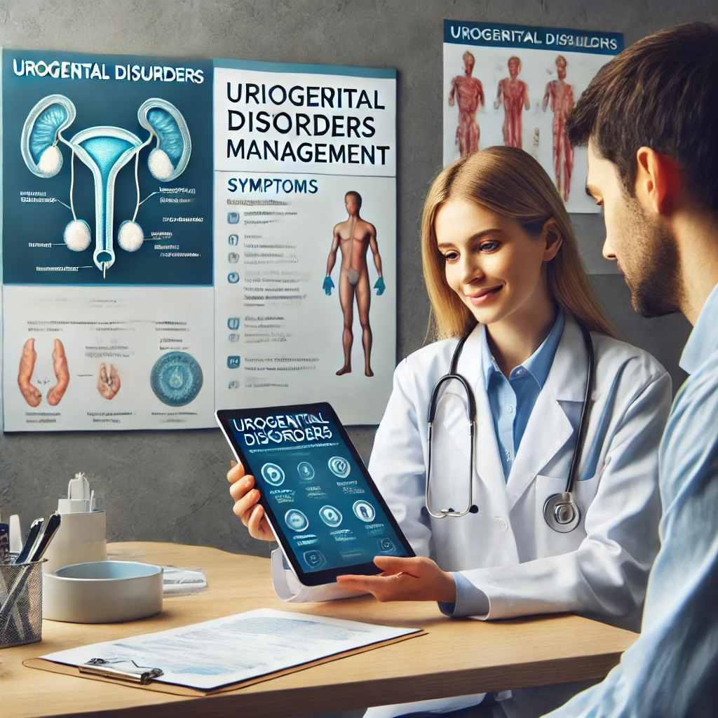 A imagem mostra um ambiente de cuidado médico, onde um médico de atenção primária está revisando o prontuário médico de um paciente em um tablet digital, enquanto discute sintomas relacionados à saúde urogenital com o paciente. O consultório está equipado com cartazes e materiais educativos sobre condições urogenitais, enfatizando a importância do médico de atenção primária no gerenciamento desses distúrbios e na orientação do paciente.