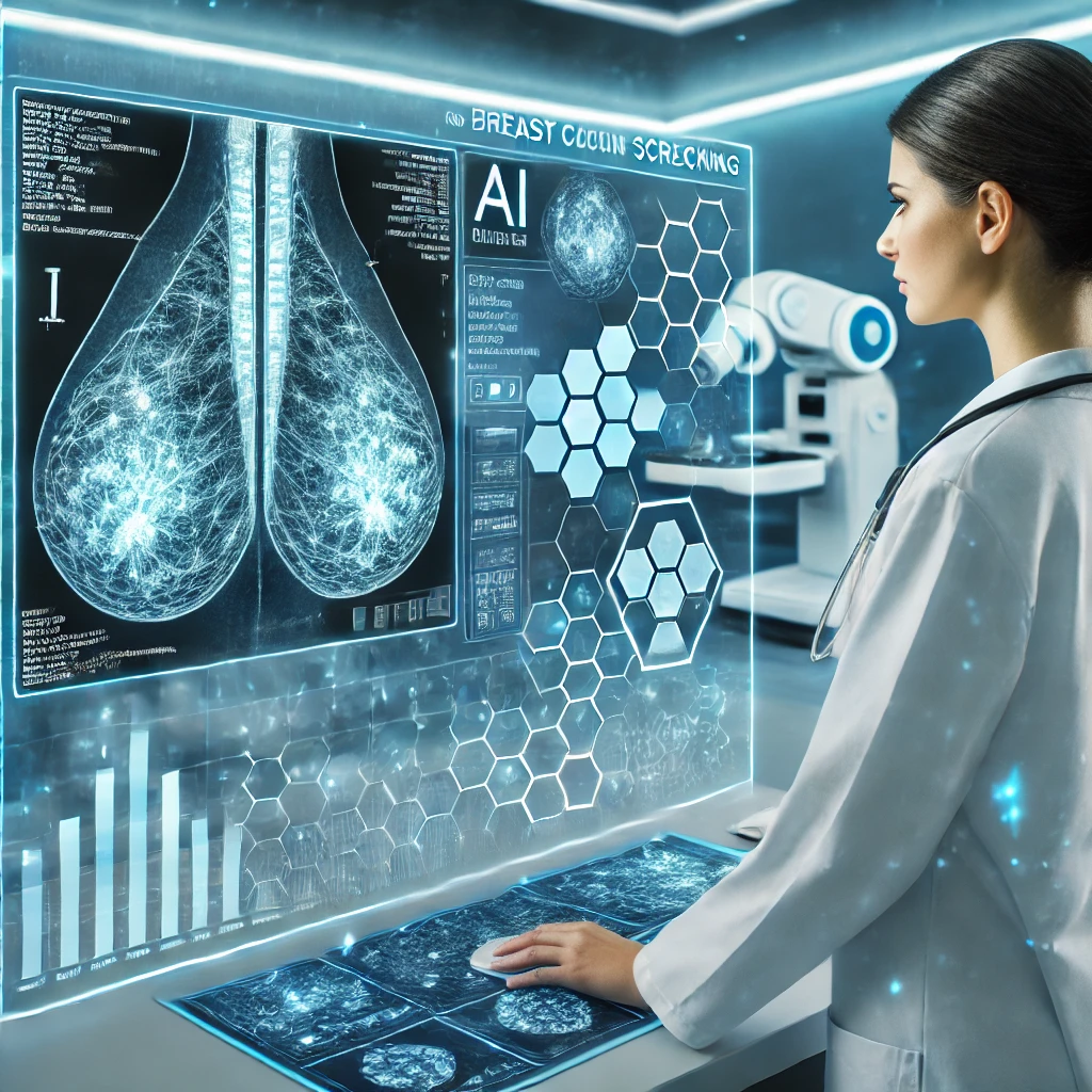 Radiologista analisando mamografia com IA, identificando precocemente sinais suspeitos de câncer de mama.