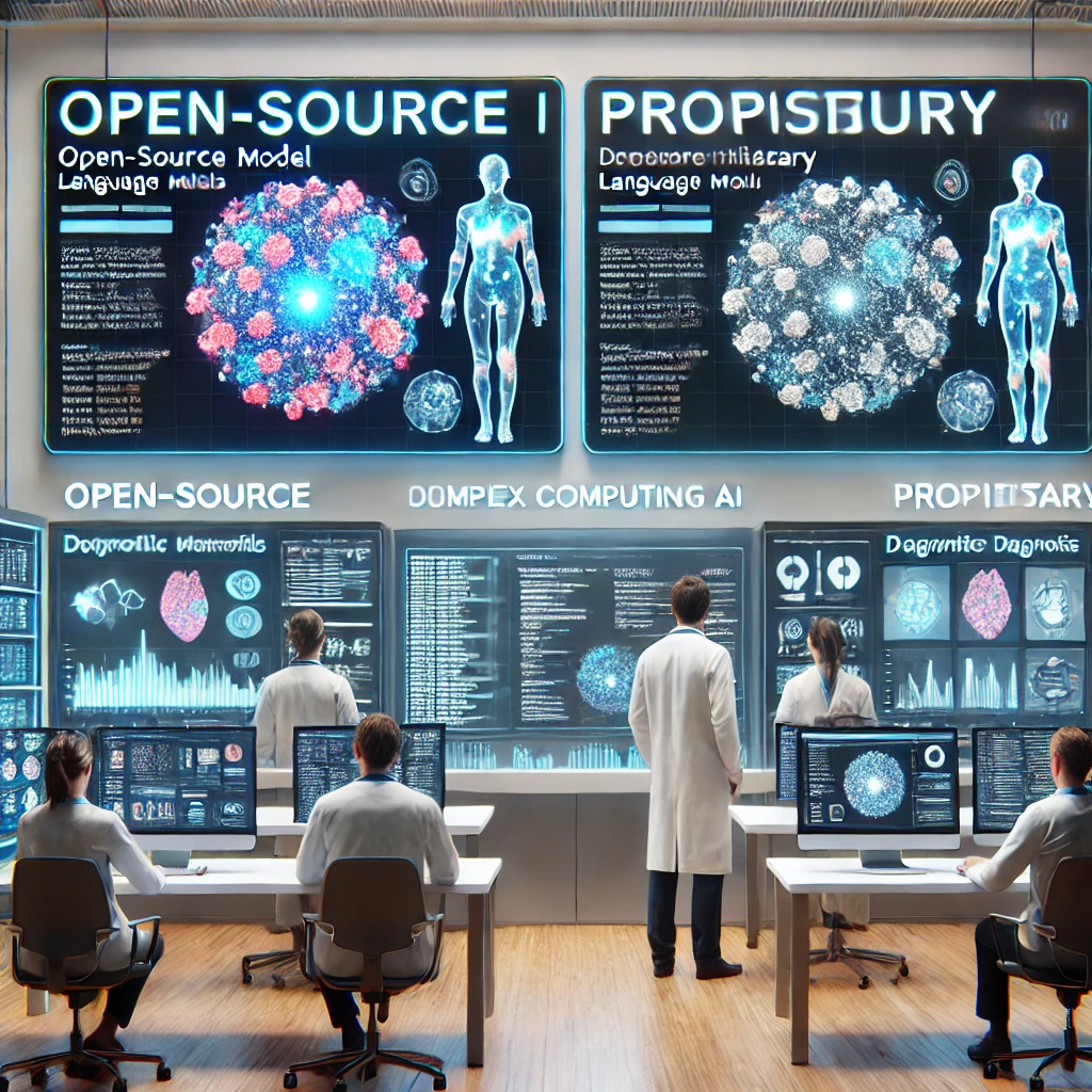 Médicos comparando modelos de linguagem open source e proprietários para diagnóstico médico complexo em telas digitais lado a lado.